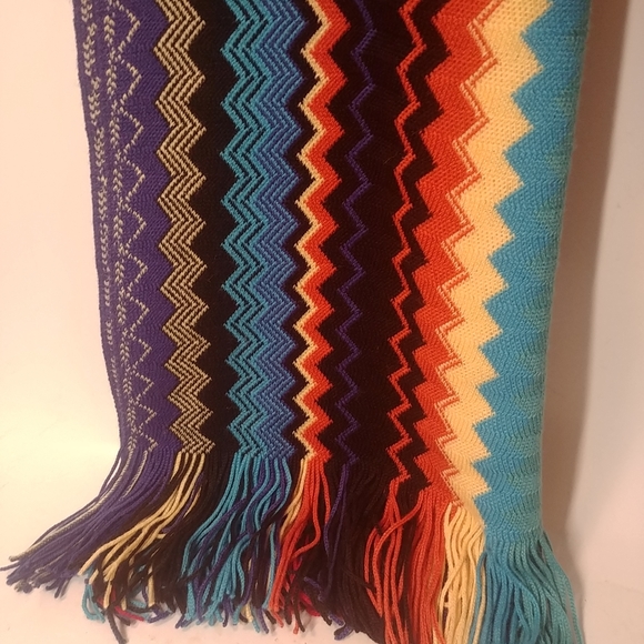 Missoni Chevron Zigzag Multicolor Wool Blend Fringed Knit Scarf Italy orange - Picture 5 of 6